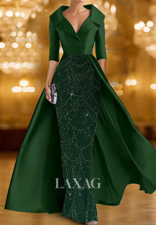 Collared V-Neck Half-Sleeves Sequined Beaded Satin Pleated Mermaid Mother of the Bride Dress