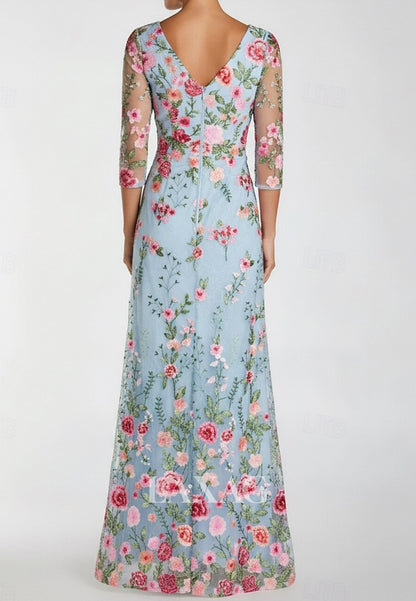 V-Neck Half-Sleeves Multi-Color Embroidered Floor-Length A-Line Mother of the Bride Dress