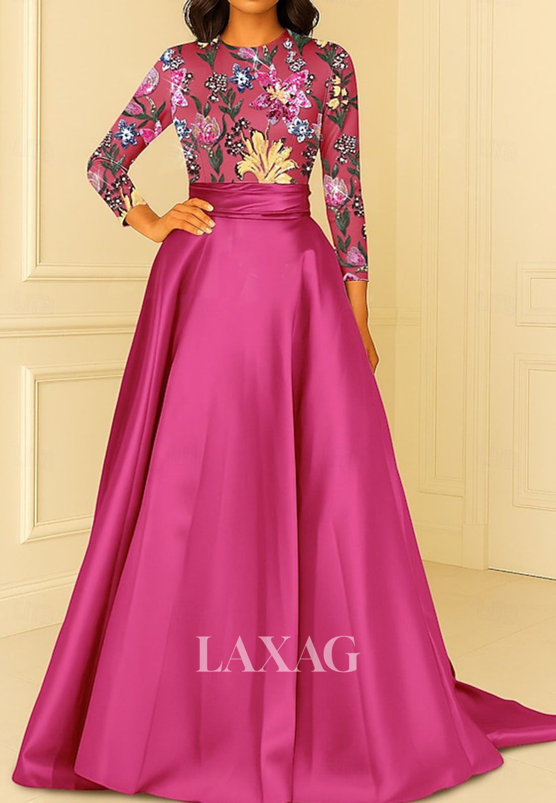 Scoop-Neck Satin Floor-Length Formal Gowns Long-Sleeves Sequined Applique A-Line Evening Dress