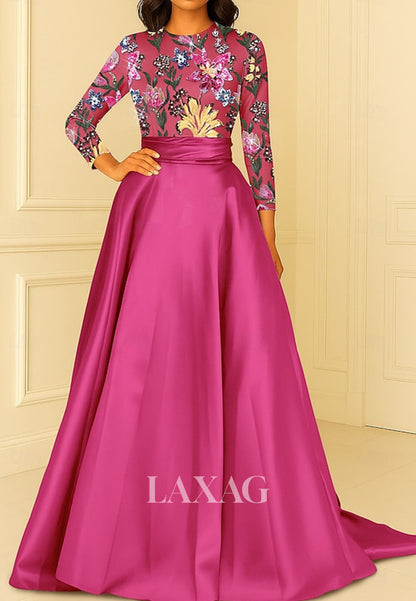 Scoop-Neck Satin Floor-Length Formal Gowns Long-Sleeves Sequined Applique A-Line Evening Dress