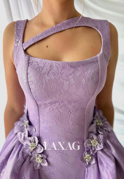 Asymmetrical-Neck Sleeveless Floral Appliqued Lace Applique Satin A-Line Homecoming Dress