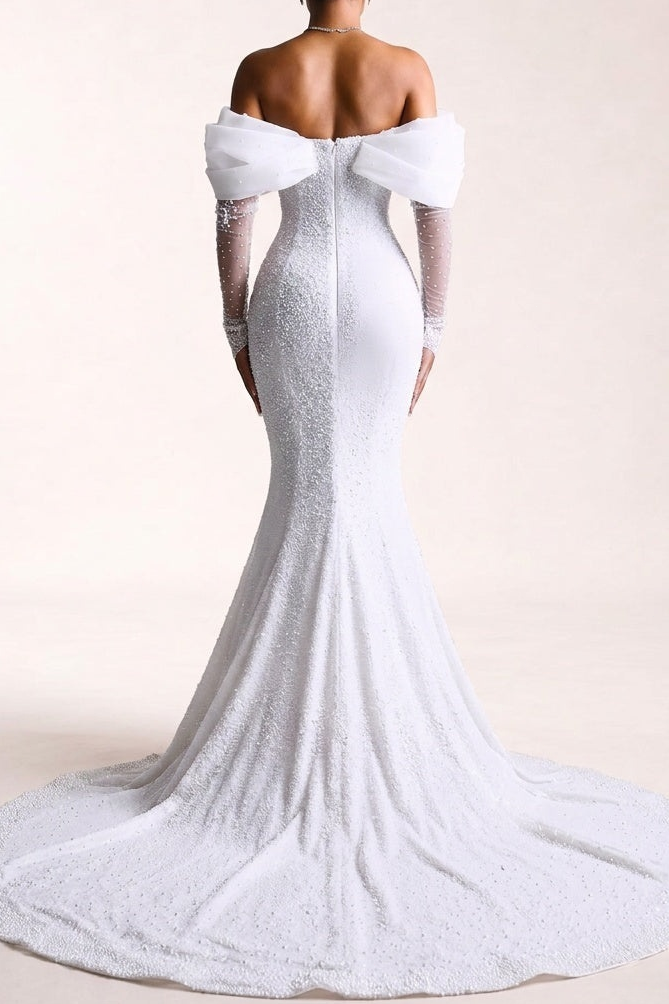 Sweetheart Long-Sleeves Fully Beaded Satin&Tulle Pleated Mermaid Wedding Dress