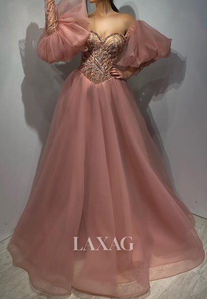 Sweetheart Long-Puff-Sleeves A-Line Prom Dress Beaded Sequined Applique Tulle Pleated Party Gowns