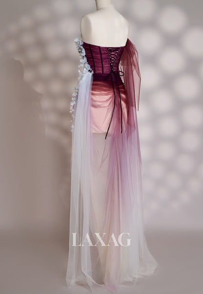 Asymmetrical-Neck One-Strtap Mermaid Prom Dress Floral Embellished Ombre Tulle Party Gowns