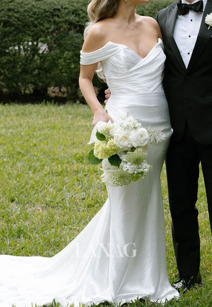 V-Neck Sleeveless Sweep Train Mermaid Wedding Dress Off-Shoulder Pleated Satin Bride Gowns