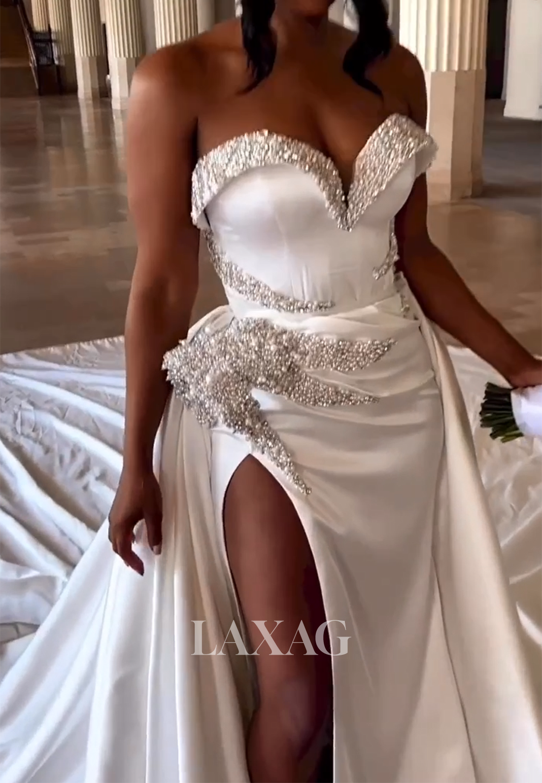 Sweetheart Off-Shoulder Sleeveless Beaded Plearted Satin Mermaid Wedding Dress with Train