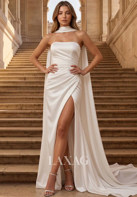 Sweetheart Off-Shoulder Sleeveless Satin Pleated Sweep Train Mermaid Wedding Dress with Train
