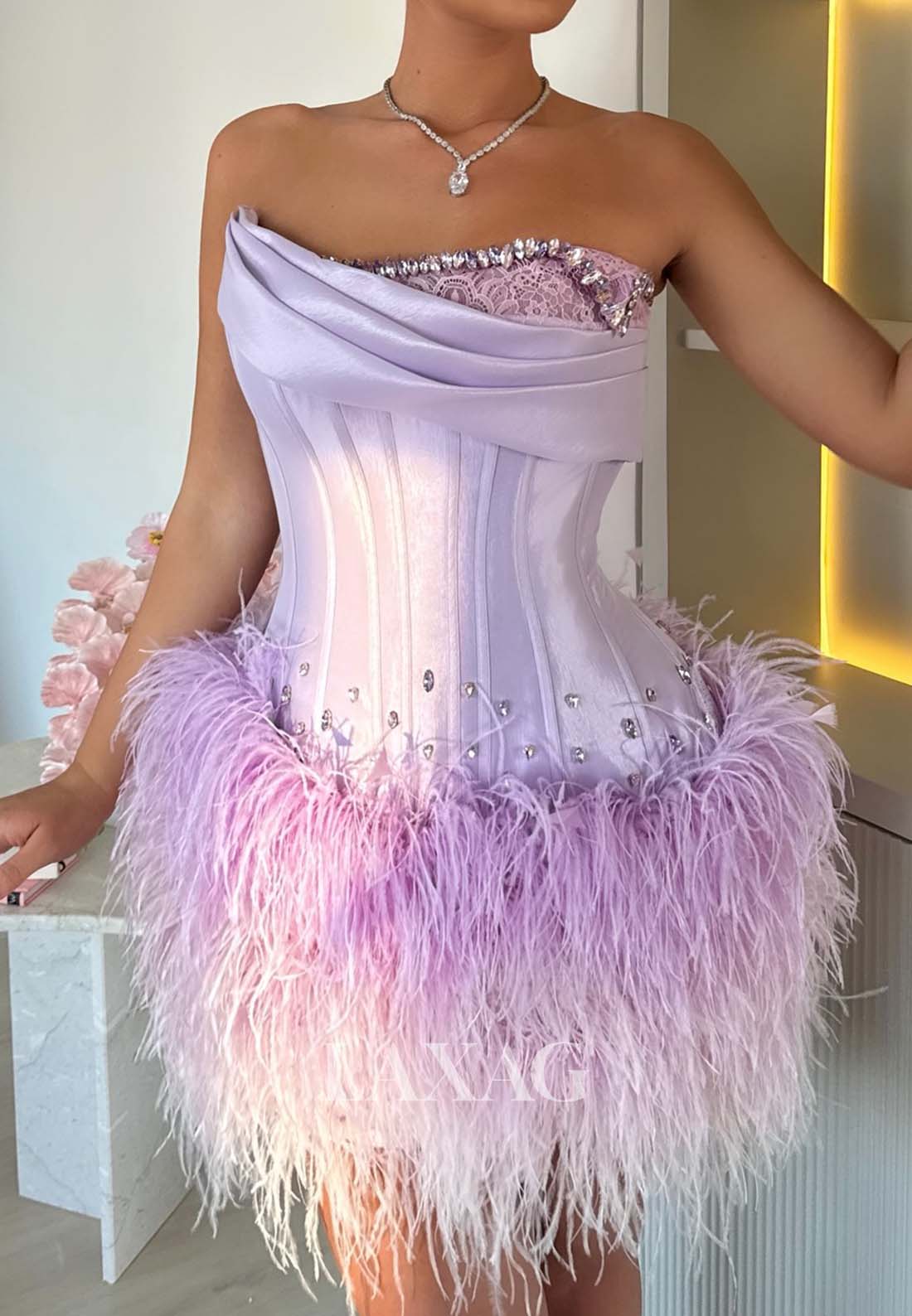 Asymmetrical-Neck Off-Shoulder Sleeveless Fringed Beaded Pleated Satin Mermaid Homecoming Dress