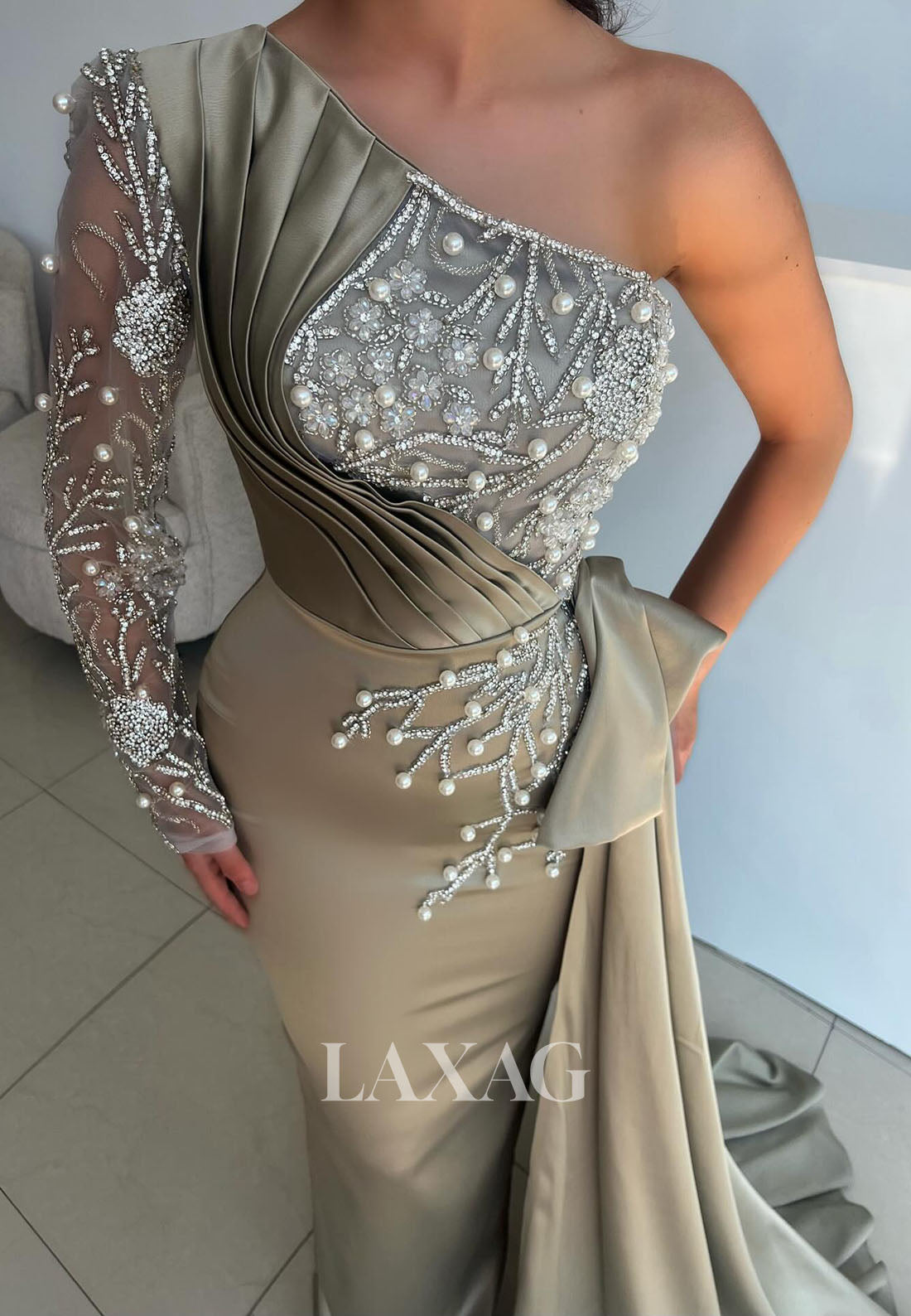 Asymmetrical-Neck One-Long-Sleeves Pearls Beaded Sequined Pleated Satin Mermaid Evening Gowns