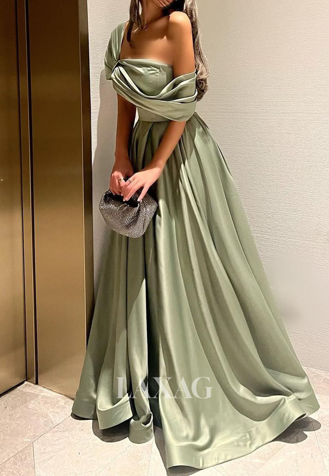 Asymmetrical-Neck Pleated Satin A-Line Prom Dress Simple Sleeveless Floor-Length Party Gowns
