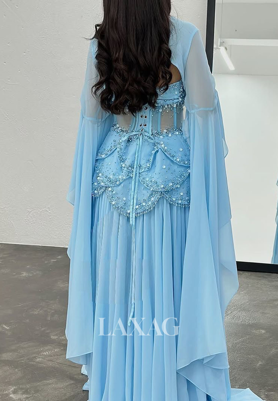 Off-Shoulder Tube Top A-Line Evening Dress Sequined Beaded Pearls Pleated Chiffon Formal Gowns