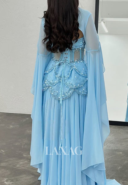 Off-Shoulder Tube Top A-Line Evening Dress Sequined Beaded Pearls Pleated Chiffon Formal Gowns