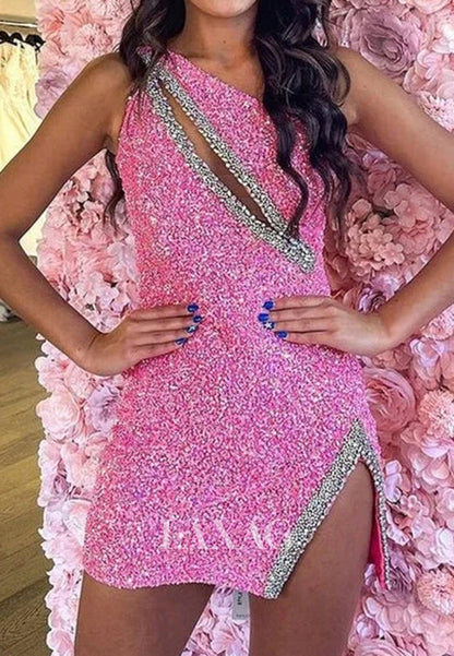 Asymmetrical-Neck Sleeveless Cutout Fully Sequined Beaded Mermaid Homecoming Dress
