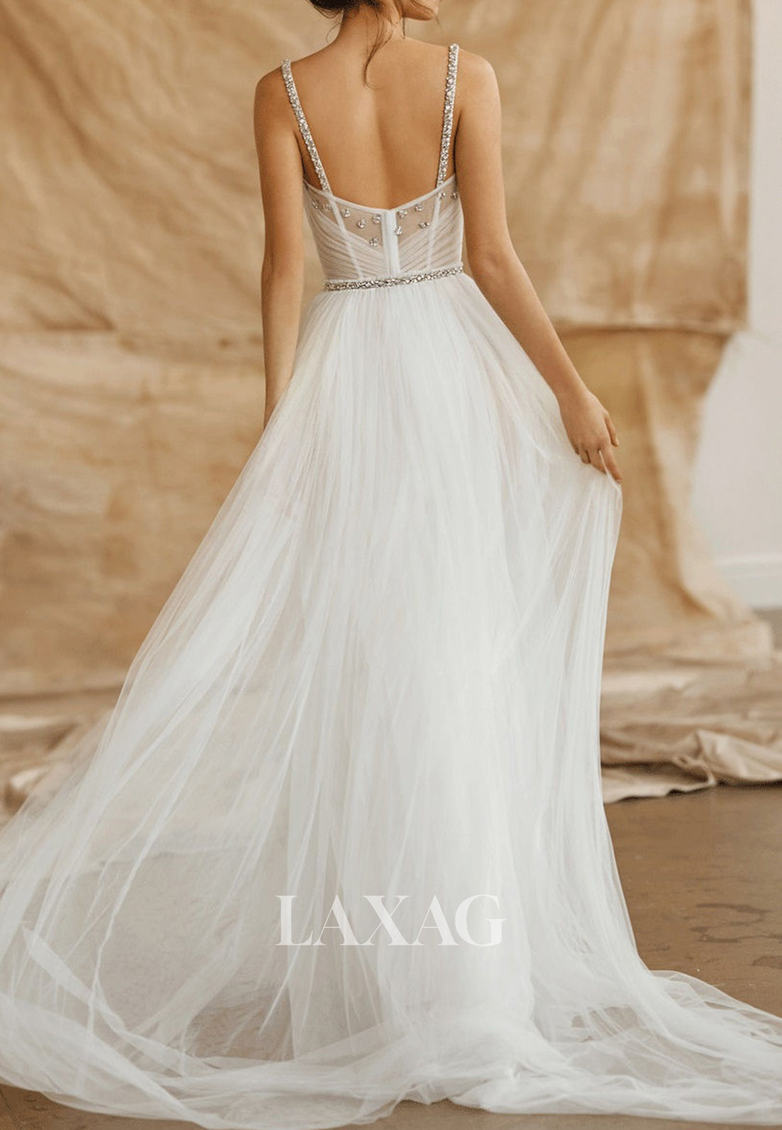 Tube Top Spaghetti Straps Rhinestone Tulle Pleated Sweep Train A-Line Wedding Dress