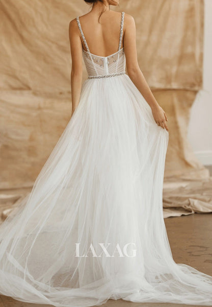 Tube Top Spaghetti Straps Rhinestone Tulle Pleated Sweep Train A-Line Wedding Dress