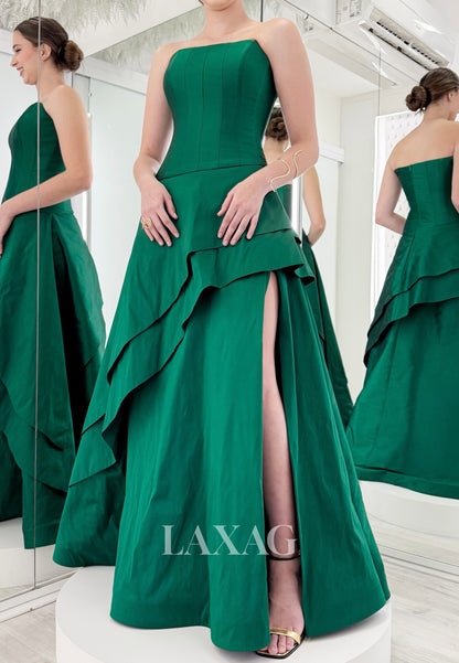 Tube Top Off-Shoulder Sleeveless Floor-Length Satin Pleated High Slit Tiered A-Line Prom Dress