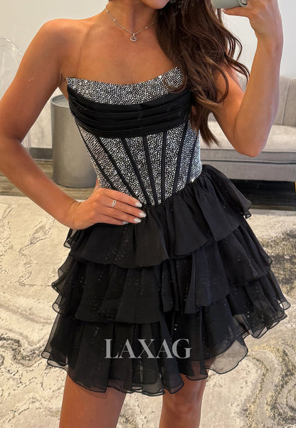 Scoop-Neck Off-Shoulder Sleeveless Beaded Pleated Tulle Tiered A-Line Homecoming Dress