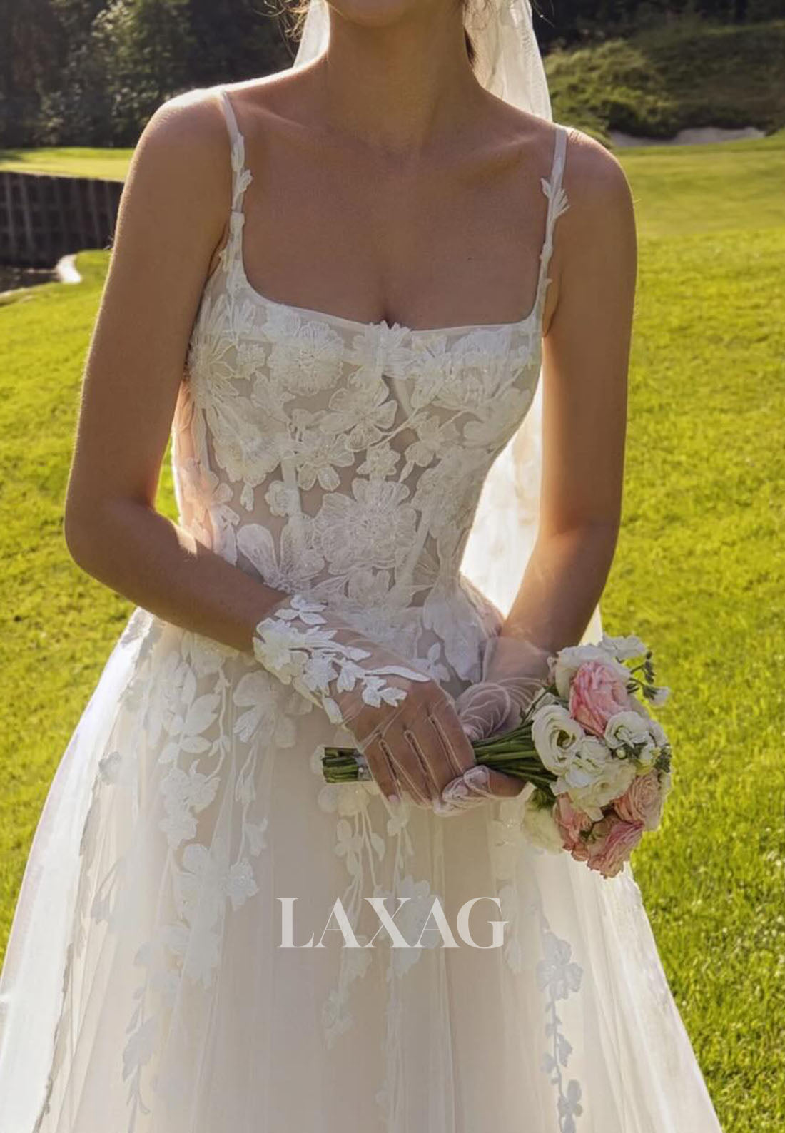 Square-Neck Spaghetti Straps Sleeveless Applique Pleated Tulle A-Line Wedding Dress with Train