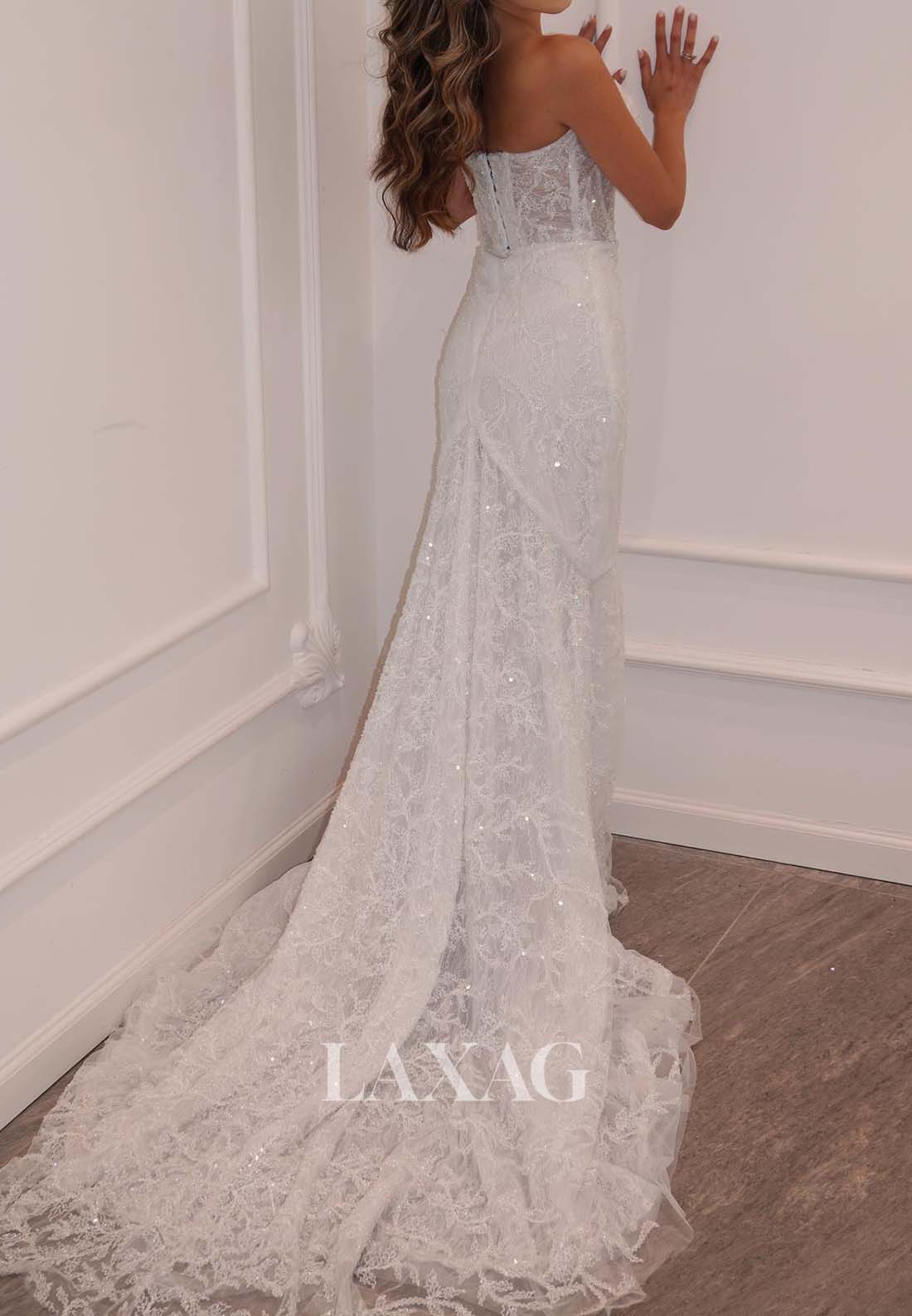 Sweetheart Allover Lace Applique Bride Gowns Sleeveless Sweep Train Mermaid Wedding Dress