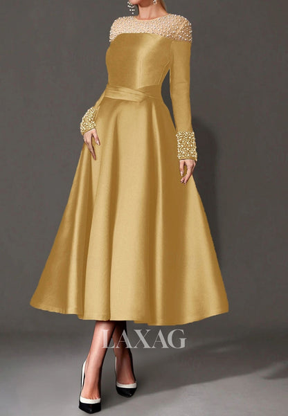 Scoop-Neck Long-Sleeves A-Line Evening Dress Beaded Pleated Satin Tea-Length Formal Gowns