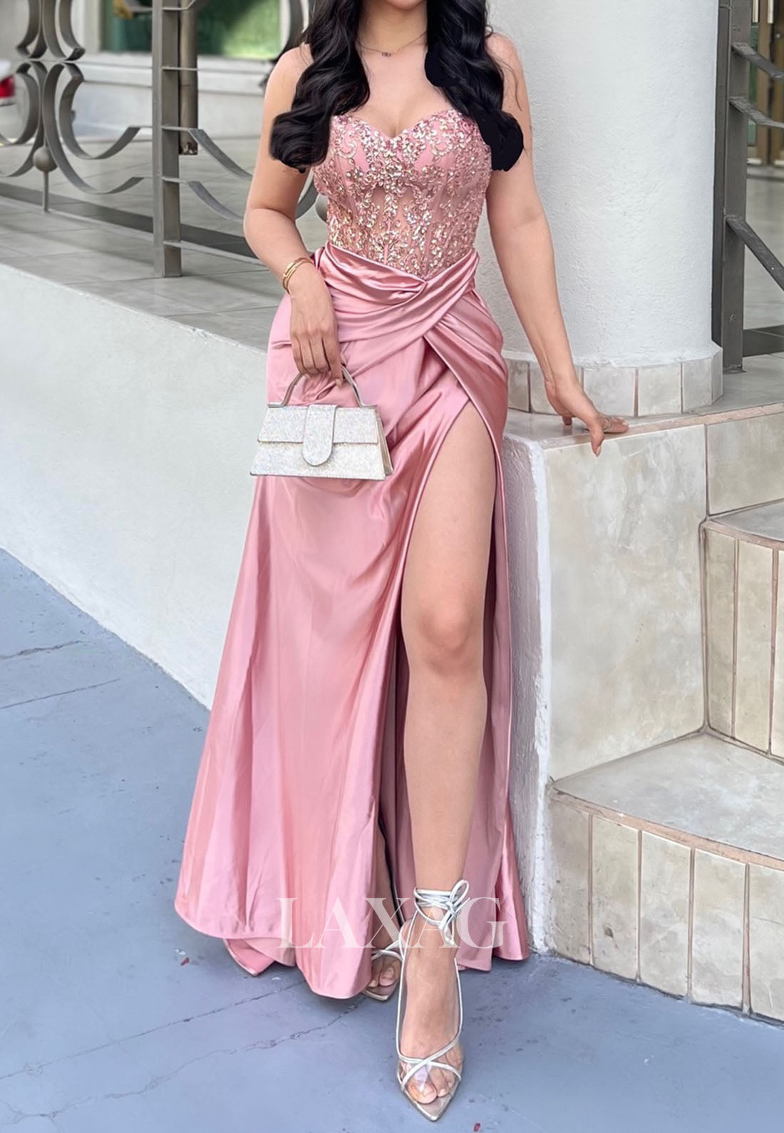 Off-Shoulder Sweetheart Sleeveless Sequined Applique Pleated Satin Mermaid Prom Dress with Slit