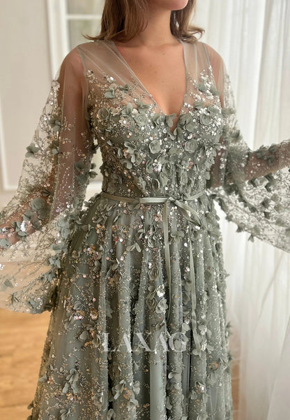 V-Neck Long-Sleeves Sequined Party Gowns Floral Embellished Pleated Tulle A-Line Prom Dress