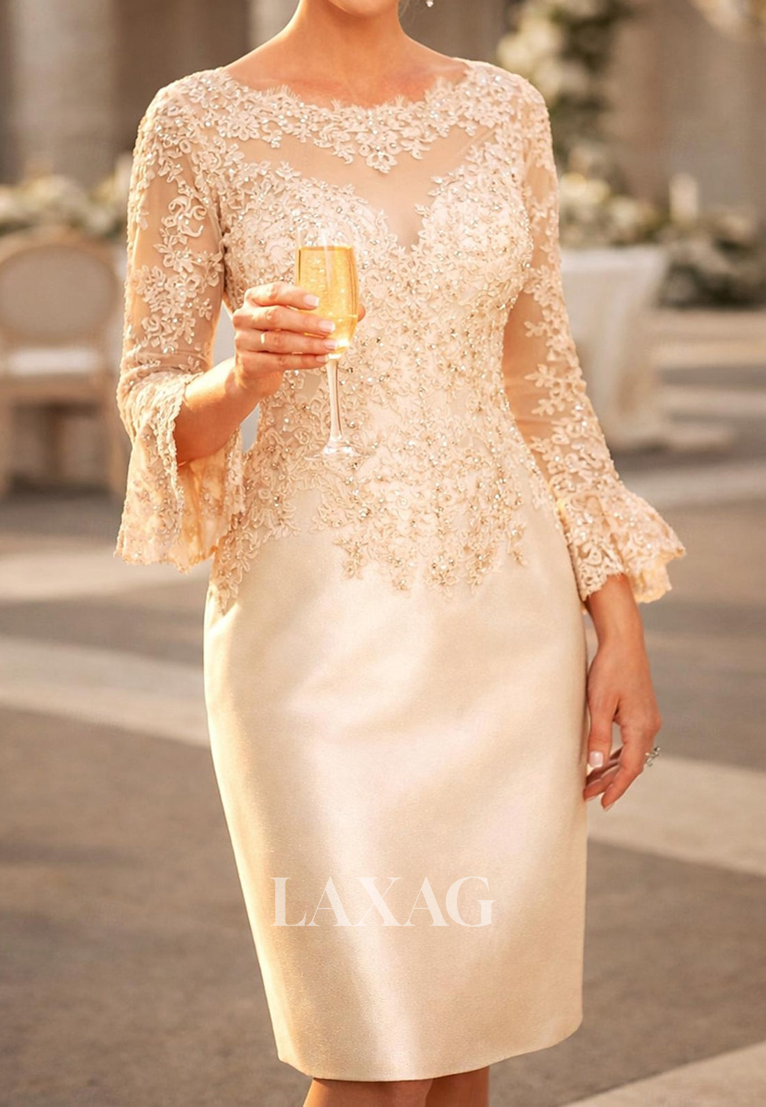 Scoop-Neck Long-Sleeves Knee-Length Beaded Applique Satin Mermaid Mother of the Bride Dress