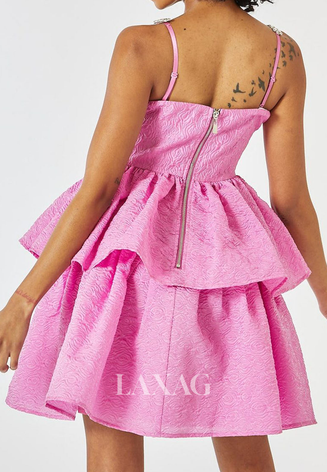 Tube Top Rhinestone Spaghetti Straps Sleeveless Pleated Chiffon Tiered A-Line Homecoming Dress