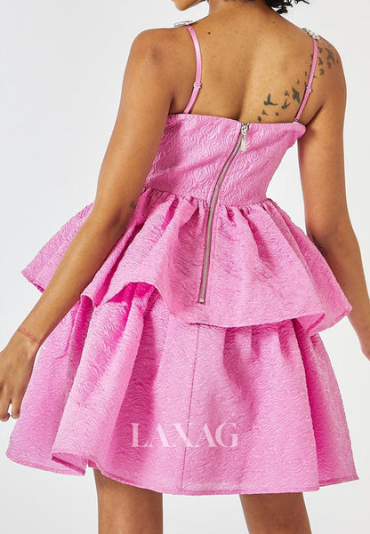 Tube Top Rhinestone Spaghetti Straps Sleeveless Pleated Chiffon Tiered A-Line Homecoming Dress