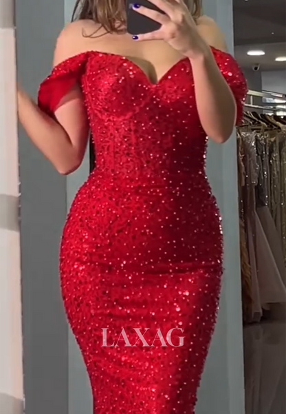 Sweetheart Fully Sequined Beaded Mermaid Prom Dress Off-Shoulder Sleeveless Party Gowns