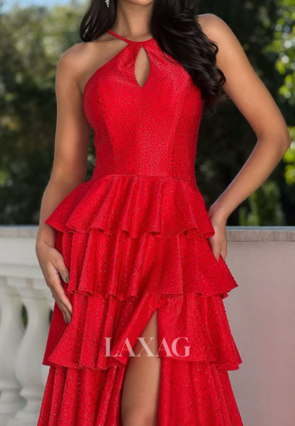 Halter-Neck Satin Pleated Tiered A-Line Prom Dress Off-Shoulder Fully Beaded High Slit Party Gowns