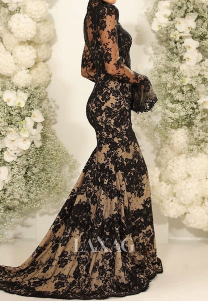 High-Neck Long-Sleeves Mermaid Evening Dress Allover Lace Applique Floor-Length Formal Gowns