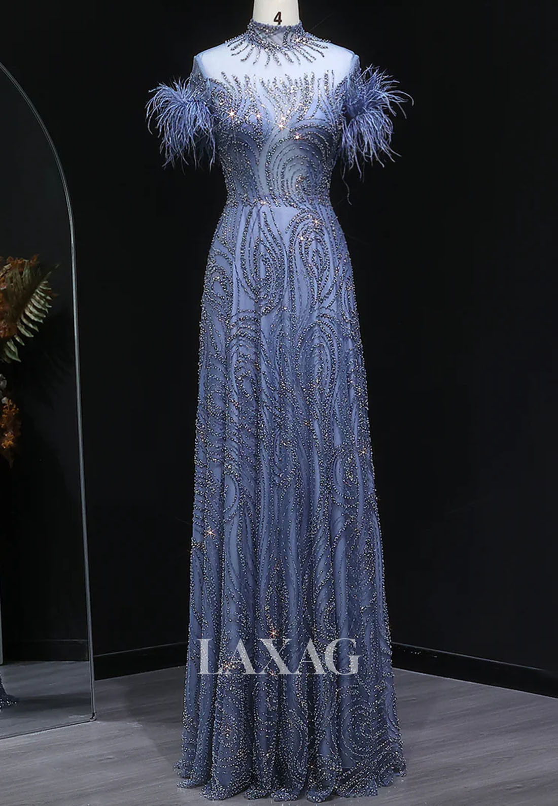 High-Neck Short-Sleeves Pleated A-Line Prom Dress Feathered Fully Sequined Beaded Evening Gowns