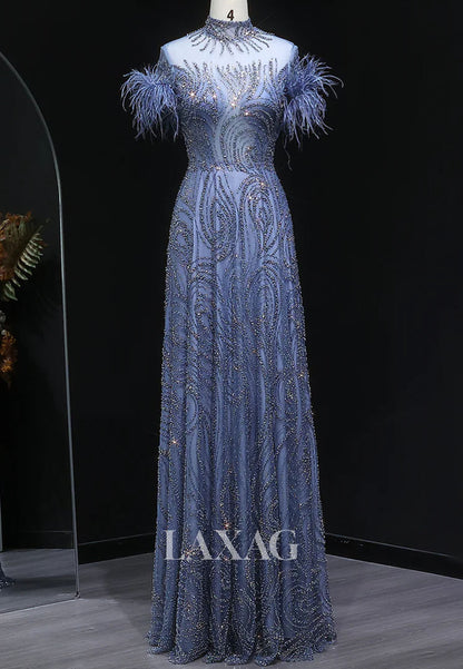 High-Neck Short-Sleeves Pleated A-Line Prom Dress Feathered Fully Sequined Beaded Evening Gowns