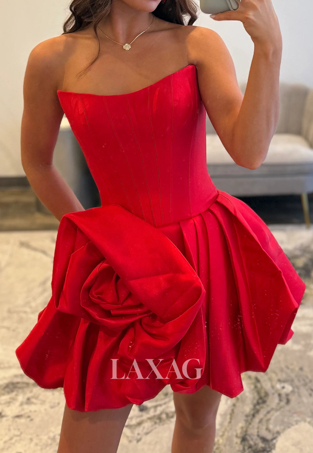 Off-Shoulder Scoop-Neck Floral Embellished Pleated Satin A-Line Party Homecoming Dress