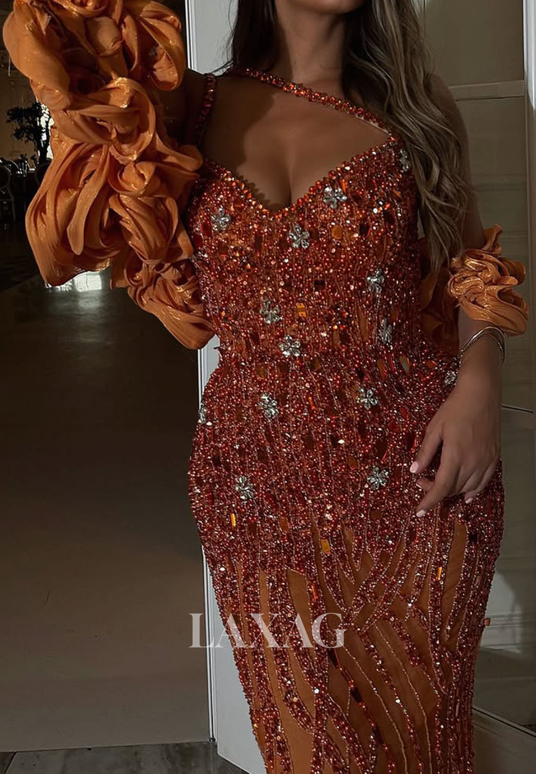 V-Neck Spaghetti Straps Mermaid Prom Dress Fully Sequined Beaded Rhinestone Party Gowns