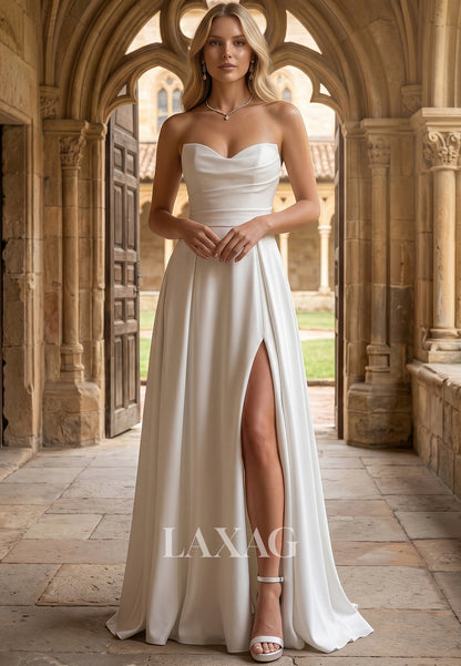 Sweetheart Off-Shoulder Sleeveless Satin Pleated High Slit Simple A-Line Wedding Dress