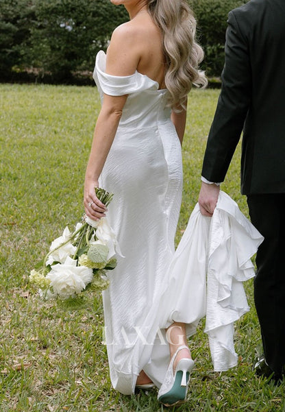 V-Neck Sleeveless Sweep Train Mermaid Wedding Dress Off-Shoulder Pleated Satin Bride Gowns