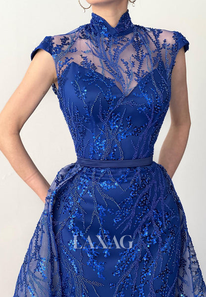 High-Neck Cap-Sleeves Beaded Sequined Applique Tulle Floor-Length Mermaid Evening Dress with Train