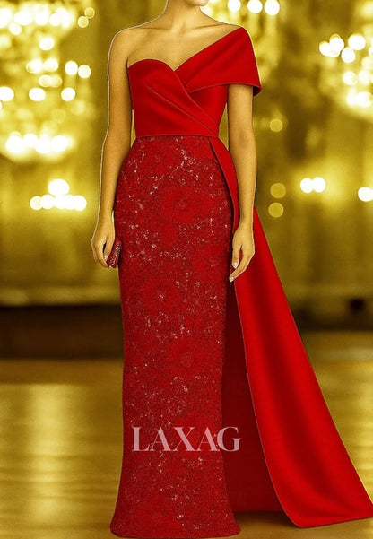 Asymmetrical-Neck Sleeveless Sequined Applique Satin Pleated Floor-Length Mermaid Evening Dress