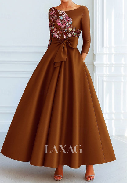 A-Line Long-Sleeves Pleated Satin Evening Dress Sequined Applique Ankle-Length Formal Gowns