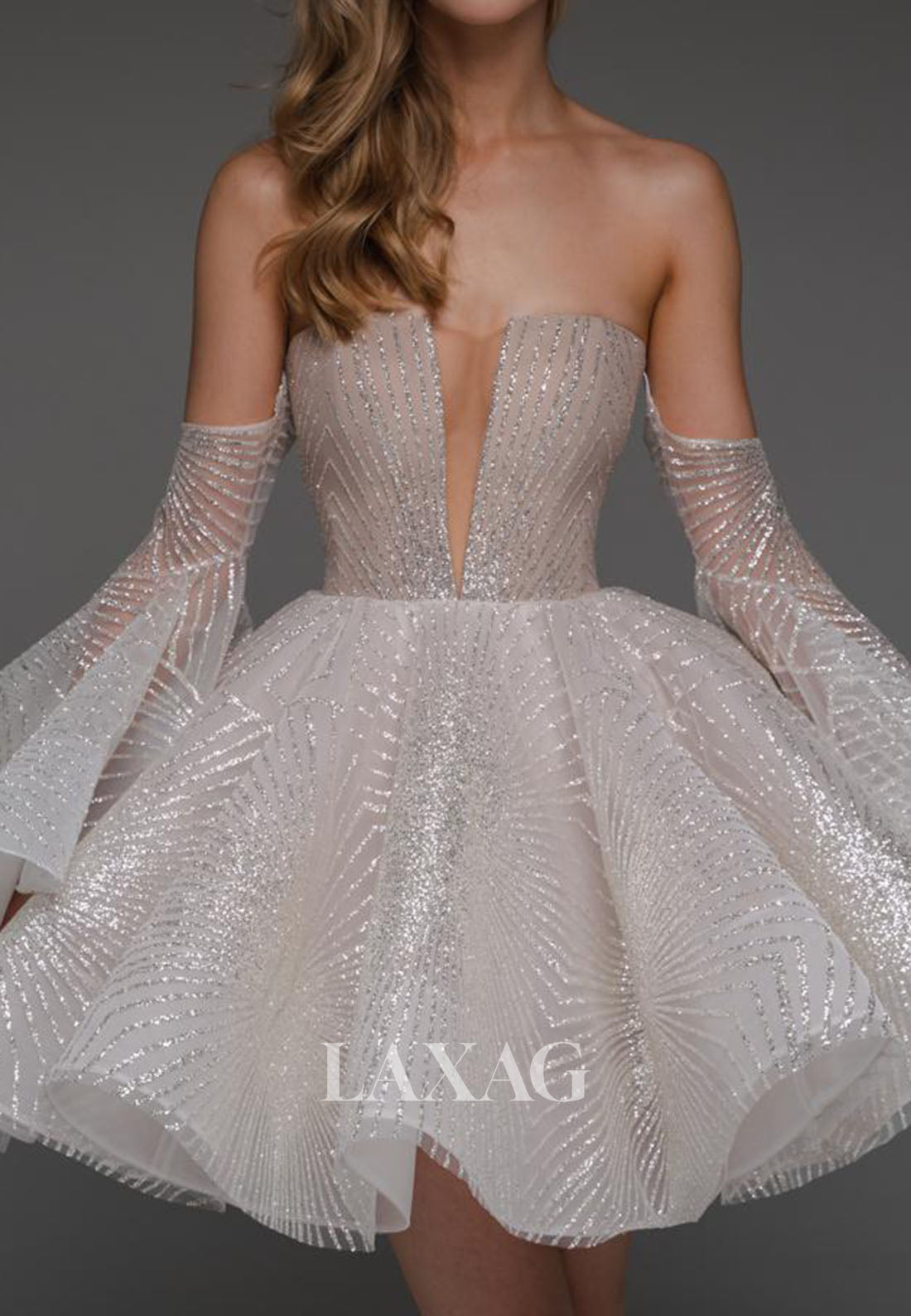 Plunging V-Neck Long-Sleeves Fully Sequined Pleated Sheer Tulle A-Line Homecoming Dress