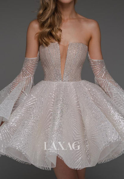 Plunging V-Neck Long-Sleeves Fully Sequined Pleated Sheer Tulle A-Line Homecoming Dress