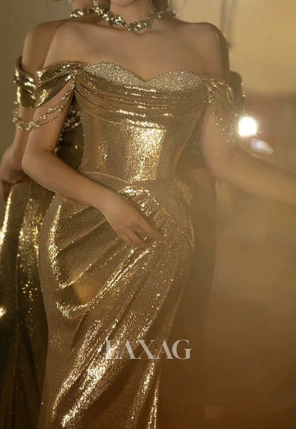 Sweetheart Fully Sequined Pleated Party Gowns Sleeveless Beaded Sweep Train Mermaid Prom Dress