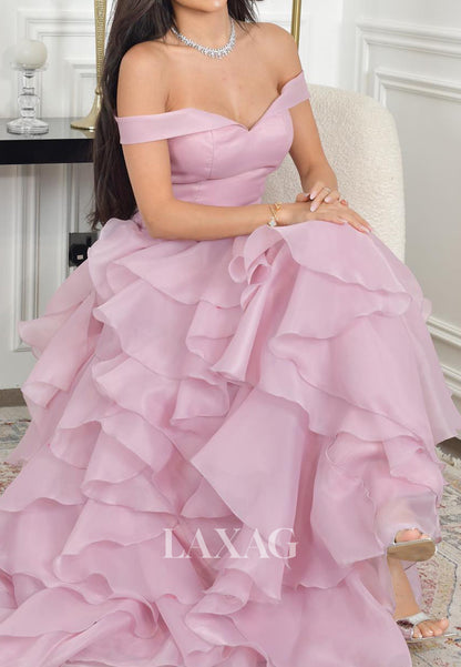 Off-Shoulder Tiered Chiffon A-Line Evening Dress Simple Sweetheart Sleeveless Formal Gowns