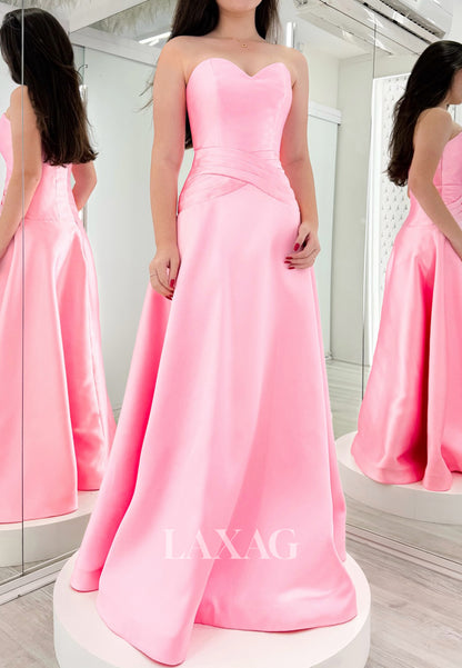 Off-Shoulder Sweetheart Sleeveless Floor-Length Satin Pleated Simple A-Line Party Prom Dress
