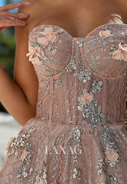 Off-Shoulder Sweetheart Sleeveless Fully Sequined Floral Embellished Pleated Tulle A-Line Prom Dress