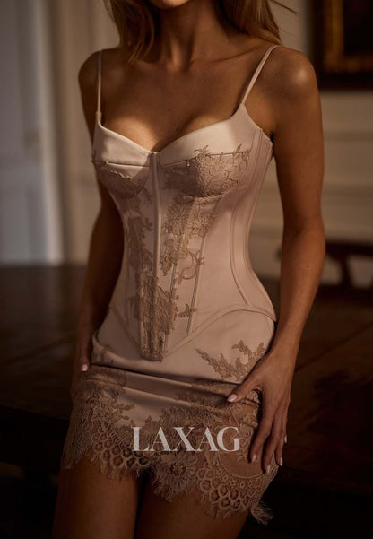 Sweetheart Spaghetti Straps Sleeveless Fully Lace Applique Satin Mermaid Party Homecoming Dress