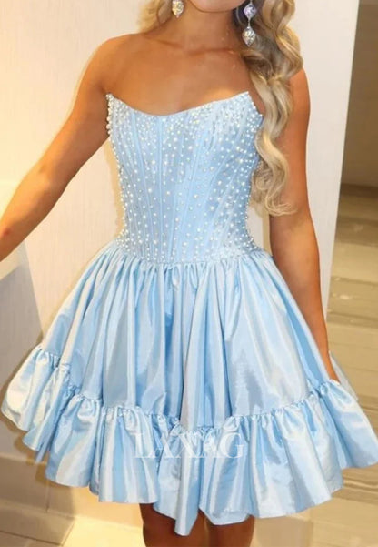 V-Neck Off-Shoulder Sleeveless Beaded Pleated Satin Short A-Line Party Homecoming Dress