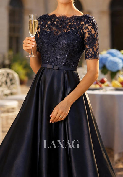 Bateau-Neck Short-Sleeves Beaded Applique Satin Pleated High-Low A-Line Mother of the Bride Dress